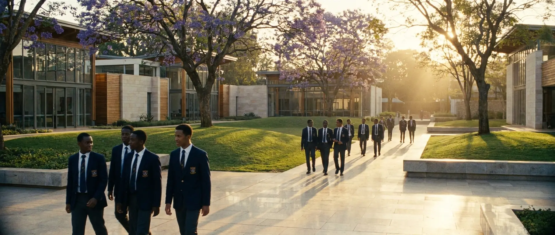 Students walking through a school colonnade at sunrise