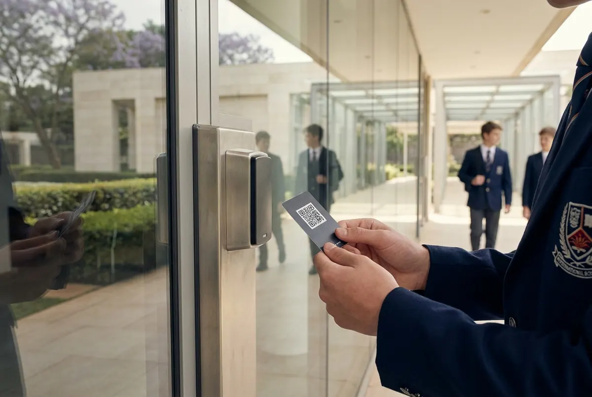 A student scanning a QR card at the school gate