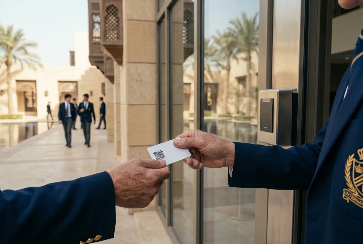 طالب يمسح بطاقة QR عند بوابة المدرسة