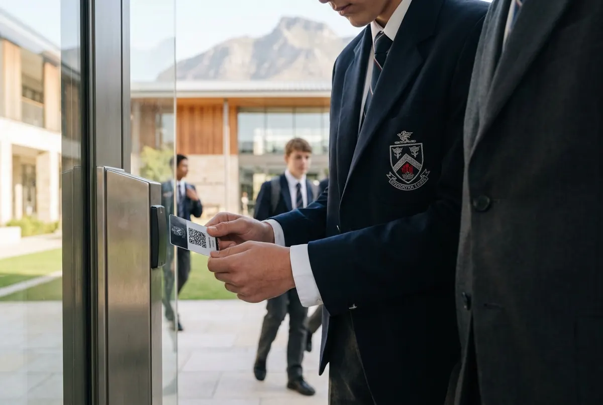 A student scanning a QR card at the school gate