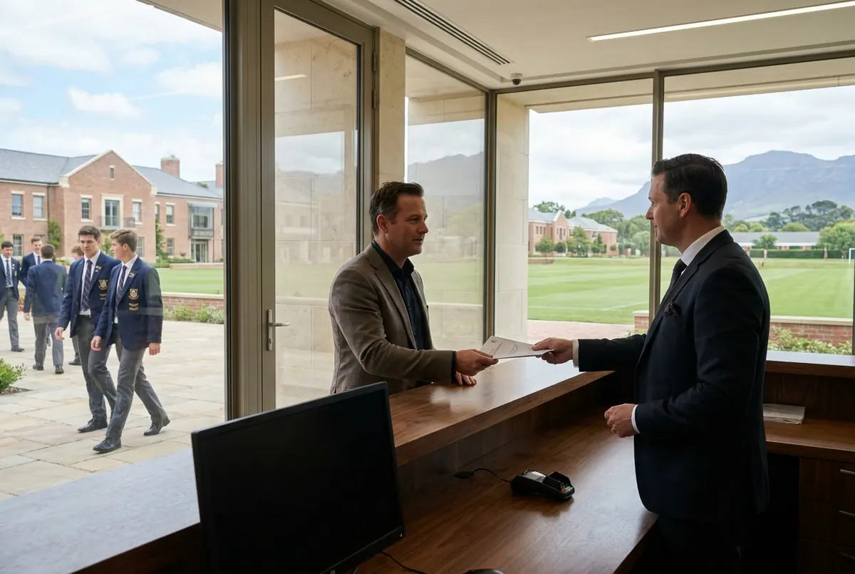 A school accounts officer handing a fee receipt to a parent