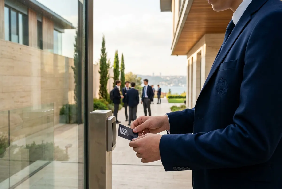 A student scanning a QR card at the school gate