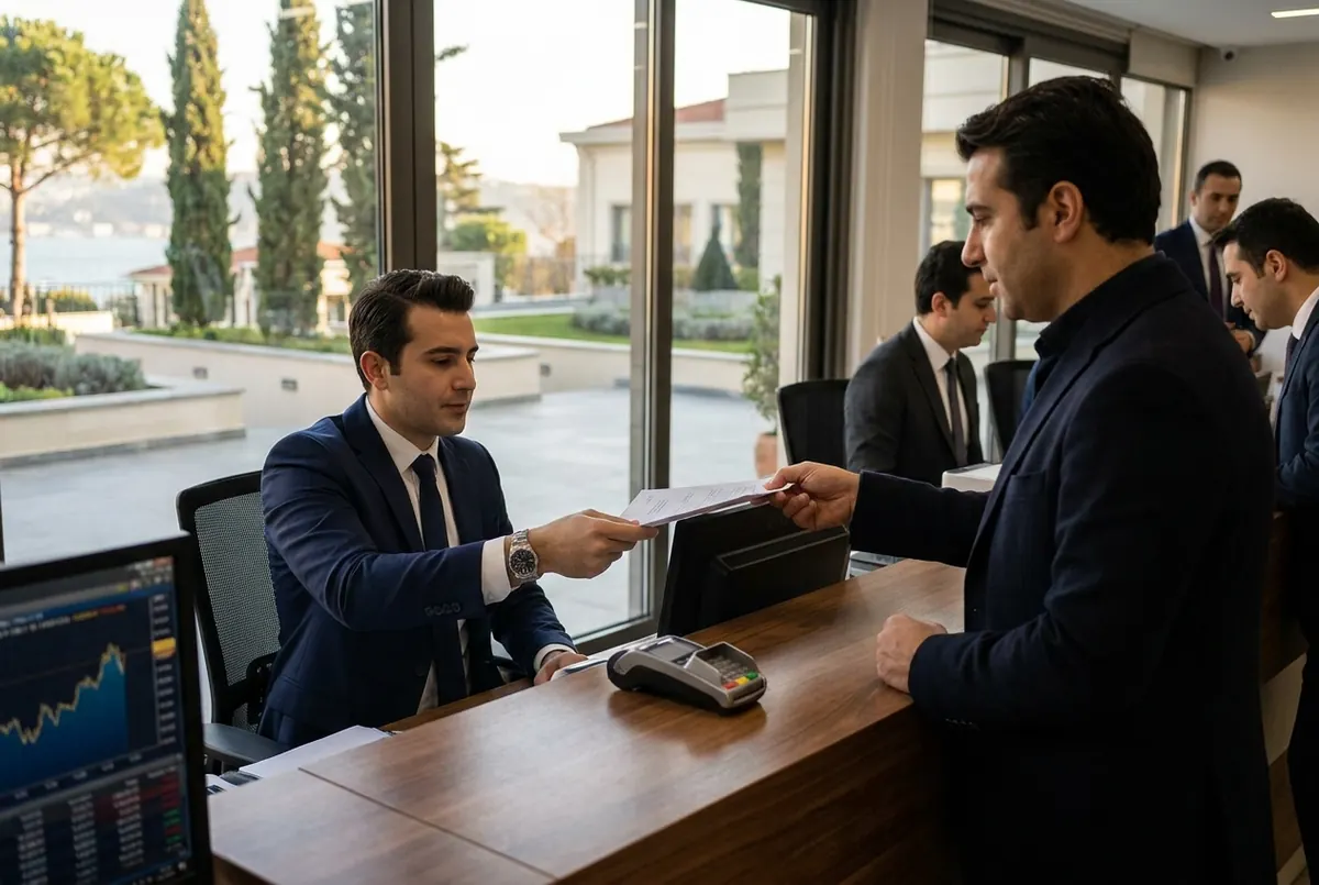 A school accounts officer handing a fee receipt to a parent