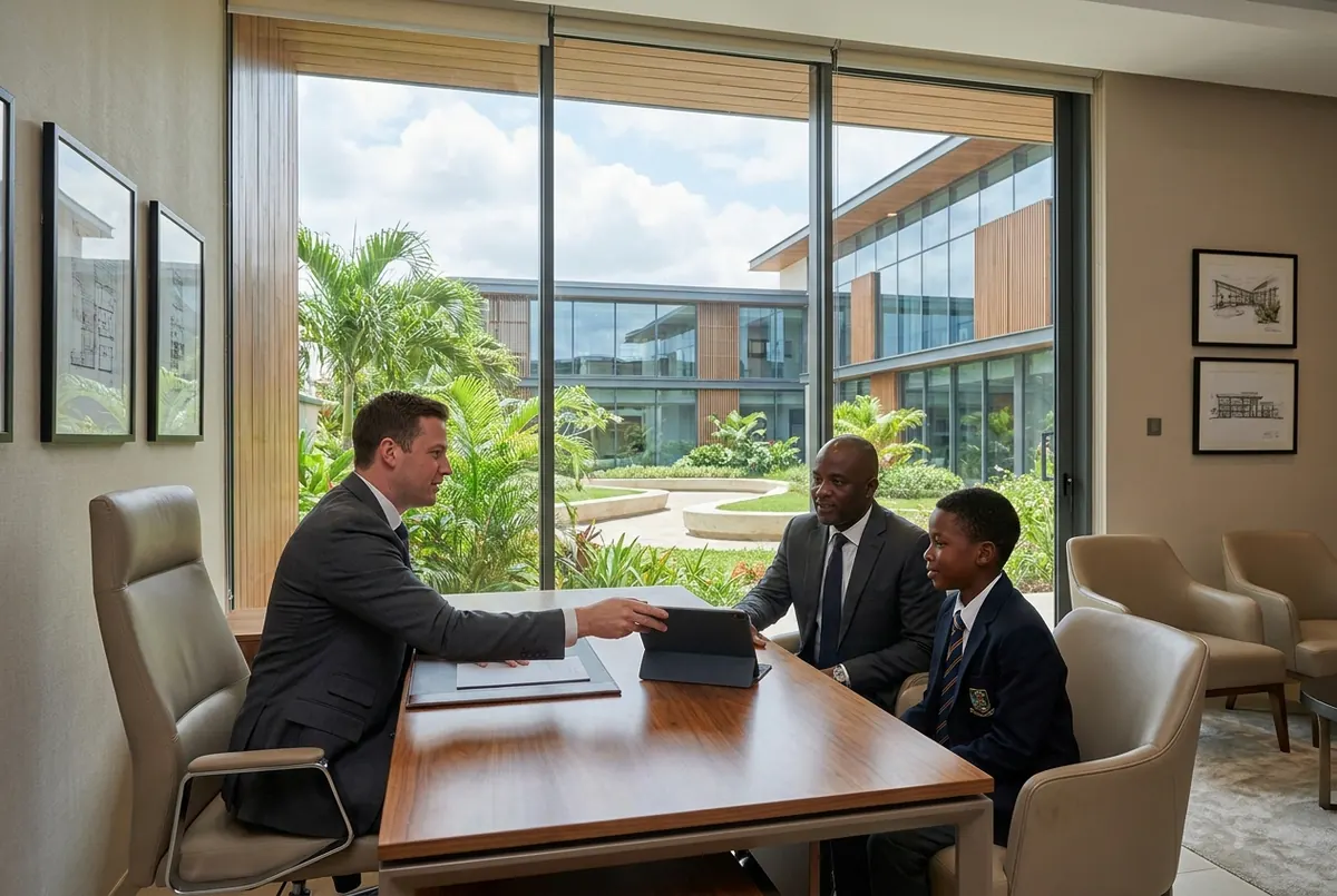 An admissions officer showing a digital contract to a parent and child