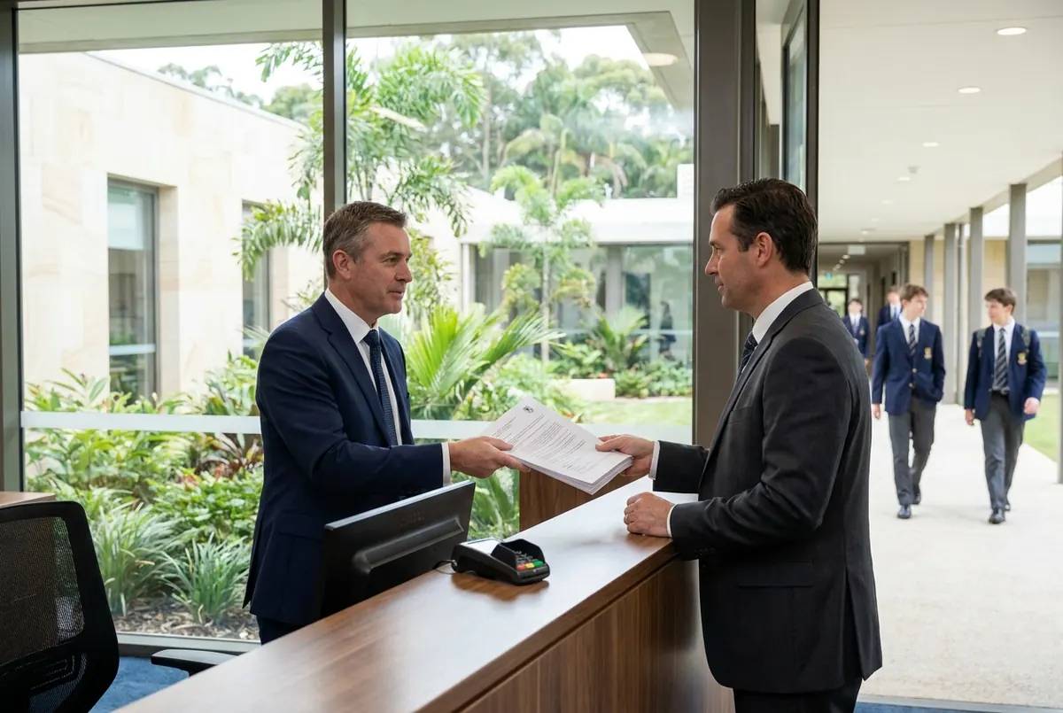 A school accounts officer handing a fee receipt to a parent
